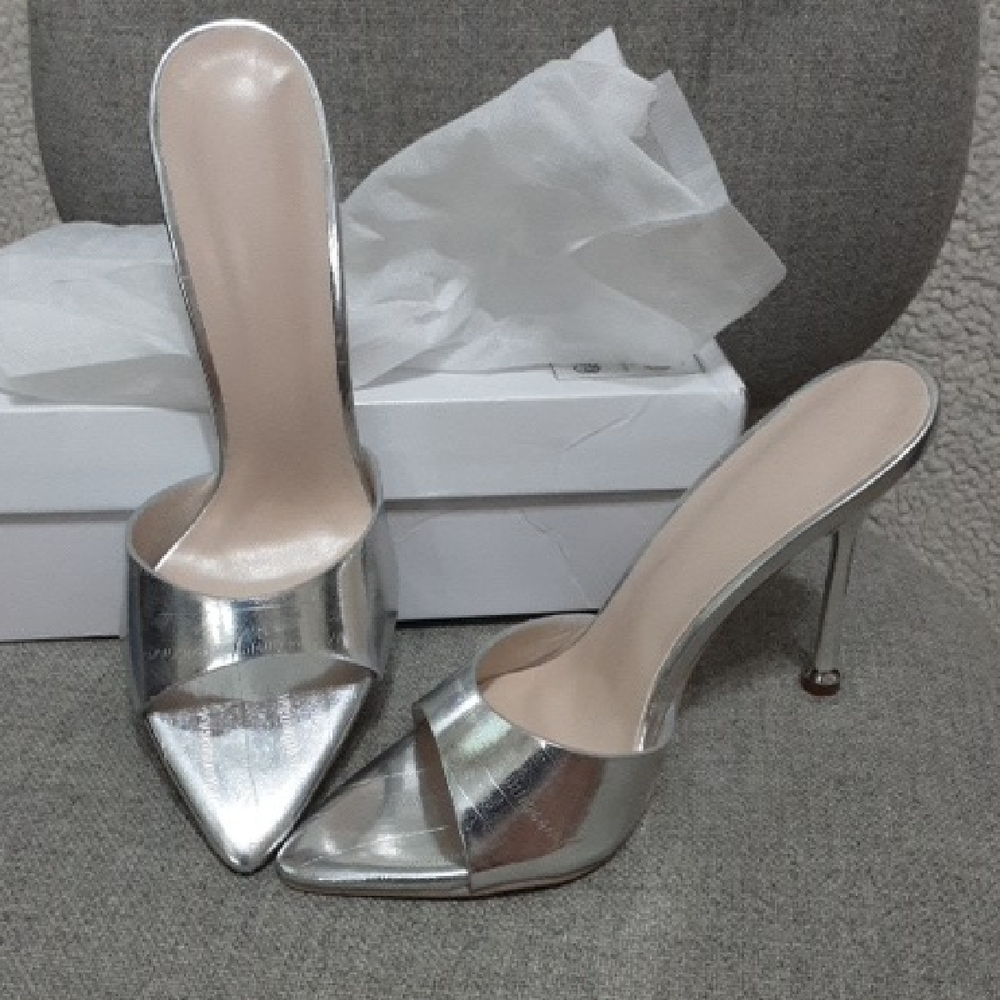 Silver Pointed-Toe Stiletto Mule Heels